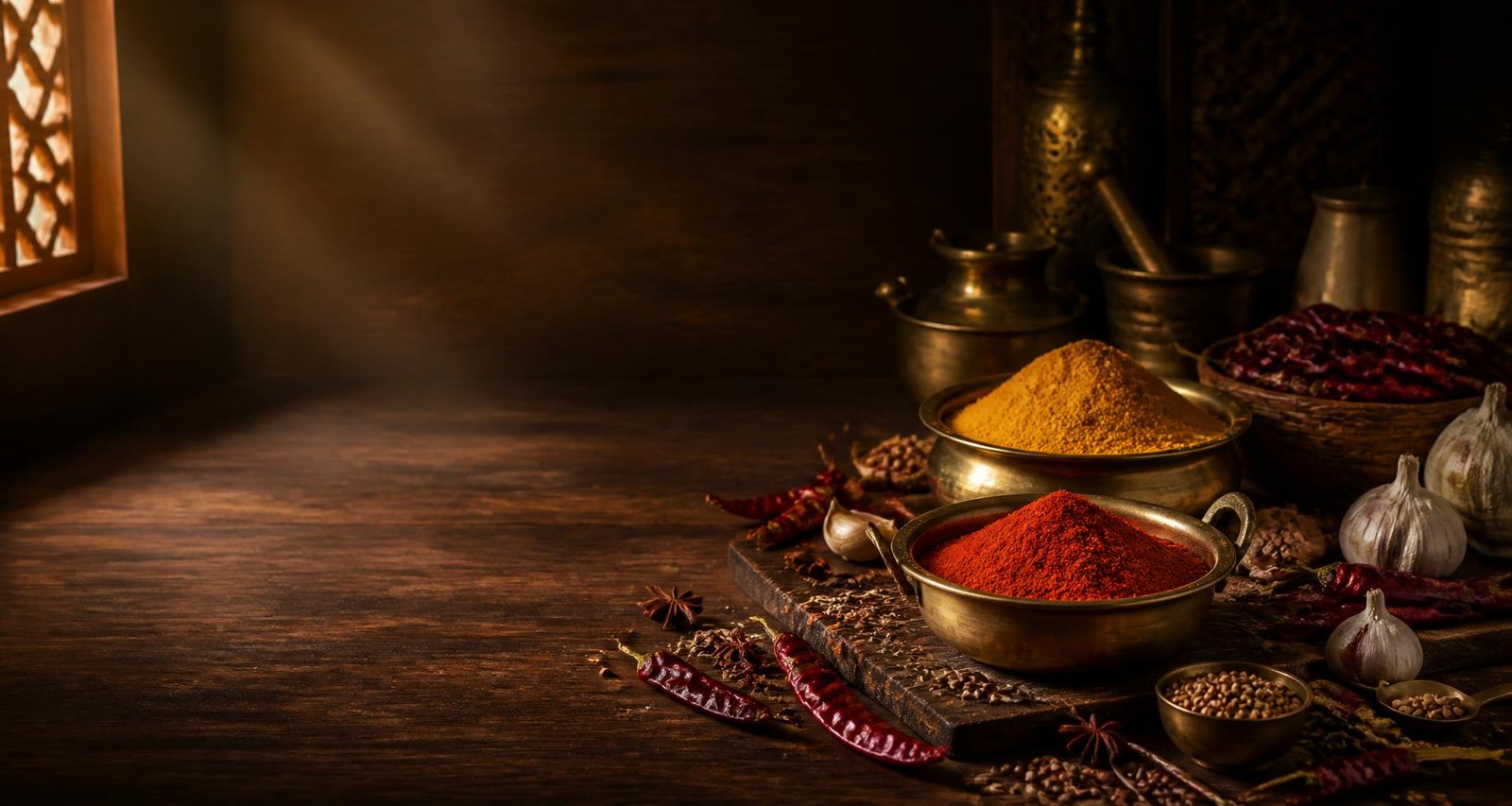 Brass bowls of chilli and turmeric powder with whole spices on dark wood